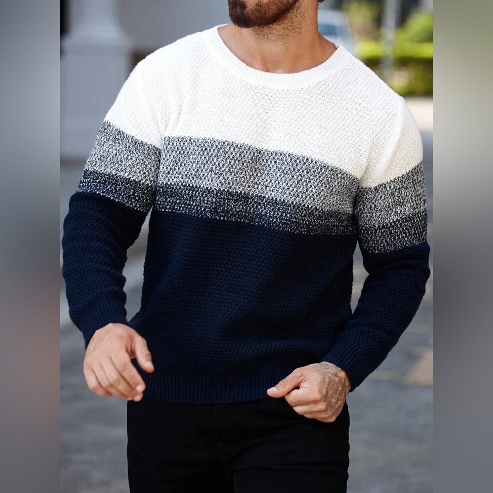 Men's Colorblock Crewneck Sweater in Navy, Gray & White